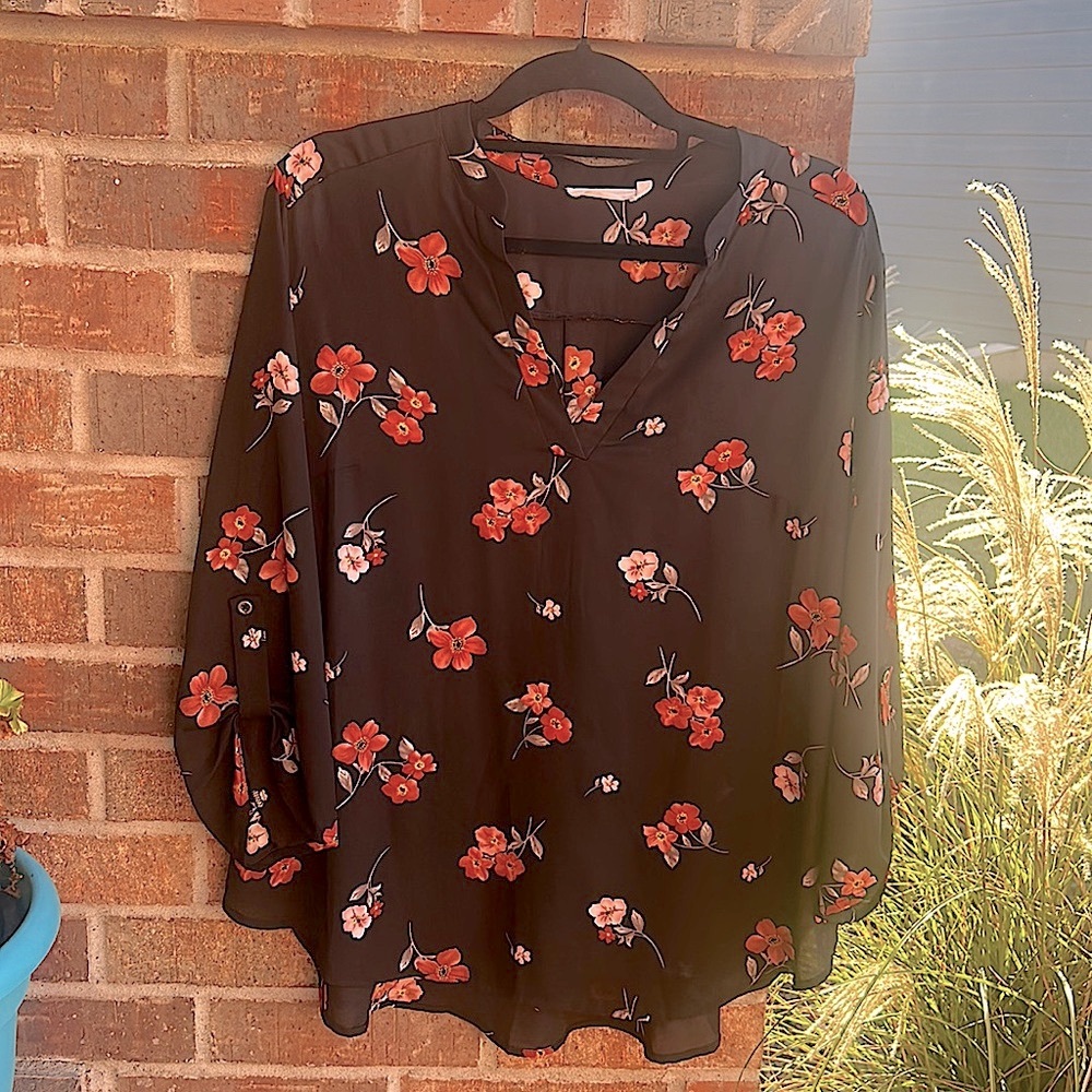 LUSH Ladies 2X Black Floral sheer 3/4 sleeve Blouse
